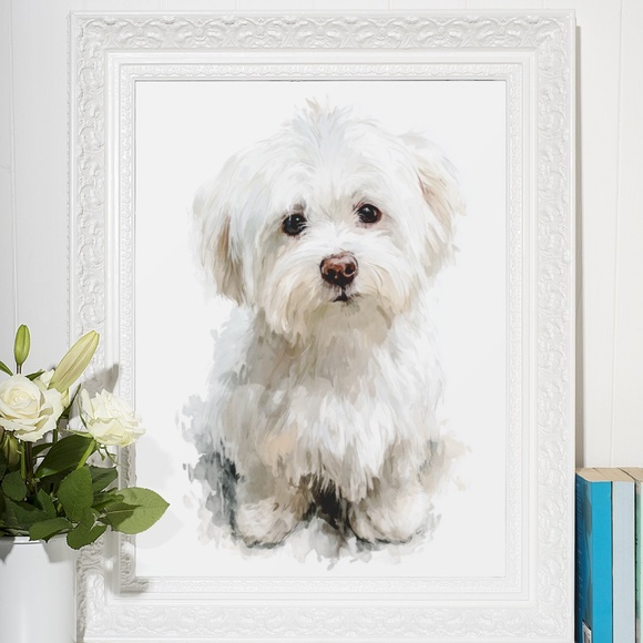 Watercolor White Maltese Dog Portrait Wall Art Print Poster, Unframed - Picture 6 of 6